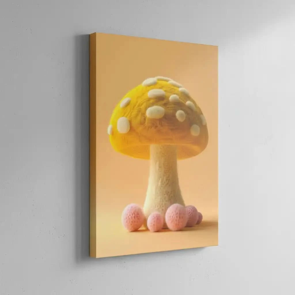 Illustration d'un champignon doux et coloré avec des formes arrondies et des textures apaisantes, créant une atmosphère sereine.