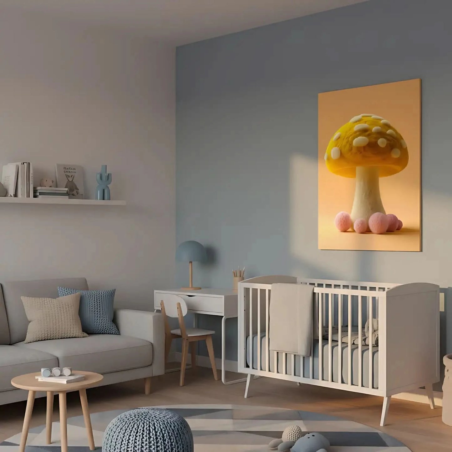 Illustration d'un champignon doux et coloré avec des formes arrondies et des textures apaisantes, créant une atmosphère sereine.