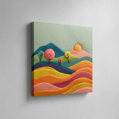 Illustration vibrante de collines colorées et d'un soleil radieux, ajoutant une touche d'énergie et de chaleur à la décoration intérieure.