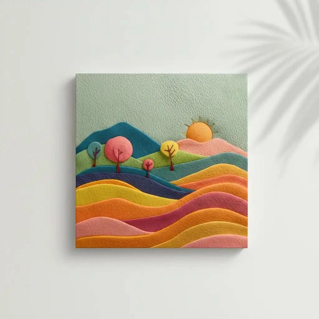 Illustration vibrante de collines colorées et d'un soleil radieux, ajoutant une touche d'énergie et de chaleur à la décoration intérieure.