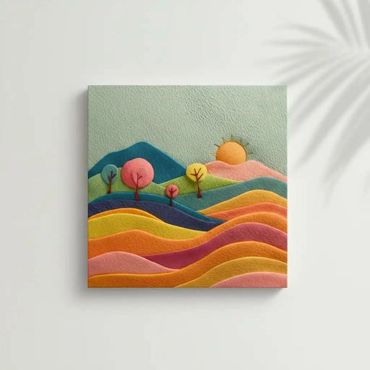 Illustration vibrante de collines colorées et d'un soleil radieux, ajoutant une touche d'énergie et de chaleur à la décoration intérieure.