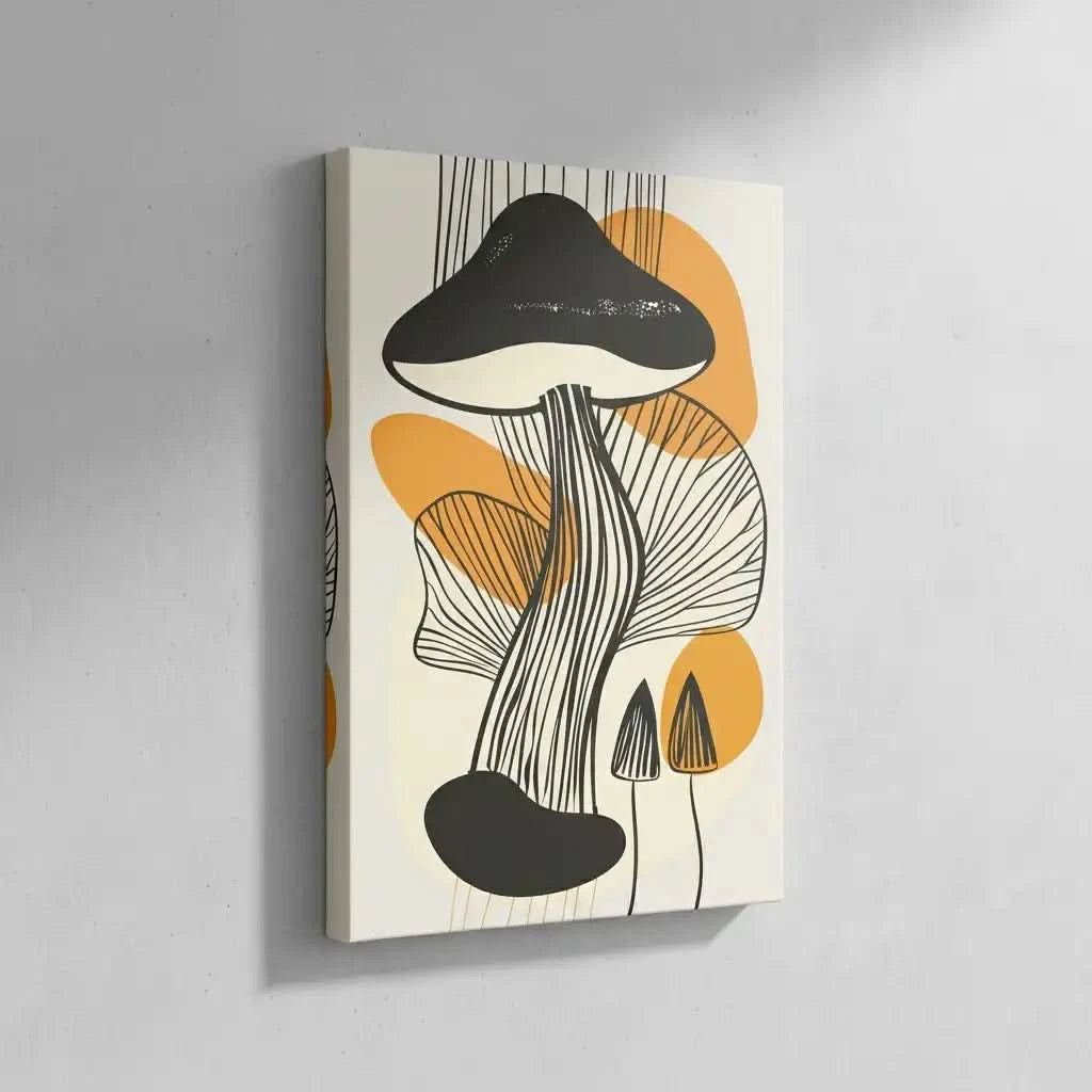 Peinture abstraite de champignons avec des lignes noires et orange, créant une ambiance moderne, idéale pour un salon contemporain.