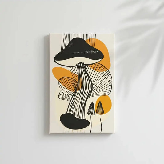 Peinture abstraite de champignons avec des lignes noires et orange, créant une ambiance moderne, idéale pour un salon contemporain.