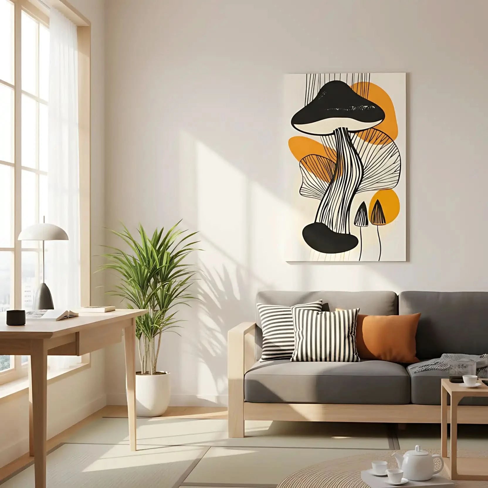 Peinture abstraite de champignons avec des lignes noires et orange, créant une ambiance moderne, idéale pour un salon contemporain.