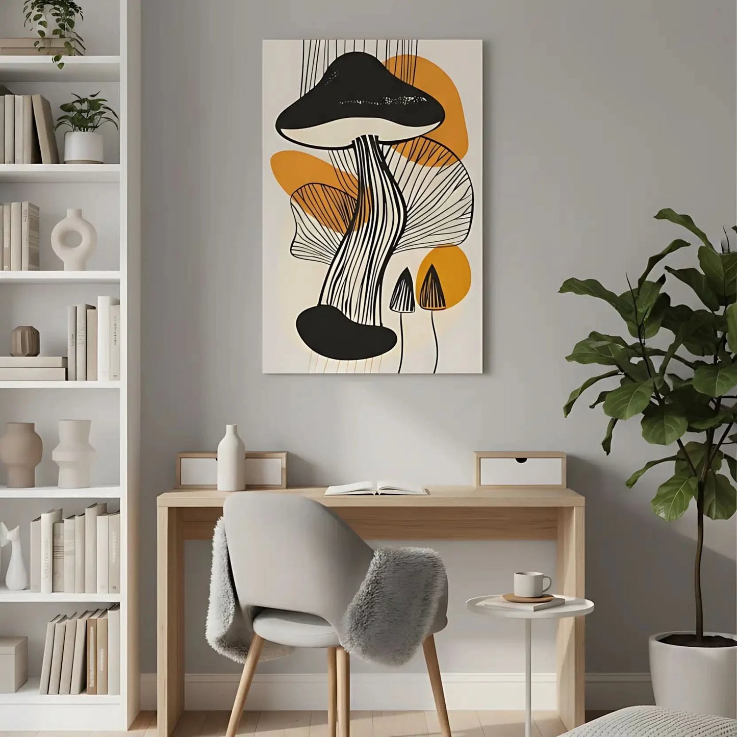 Peinture abstraite de champignons avec des lignes noires et orange, créant une ambiance moderne, idéale pour un salon contemporain.