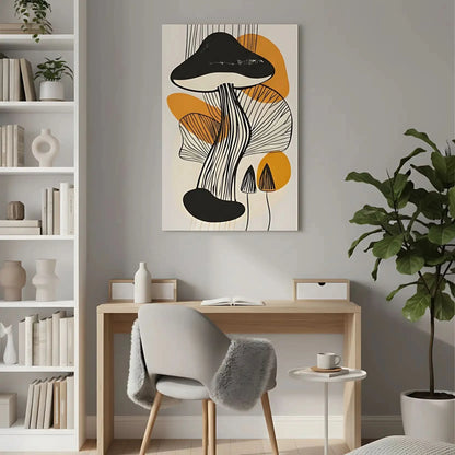 Peinture abstraite de champignons avec des lignes noires et orange, créant une ambiance moderne, idéale pour un salon contemporain.