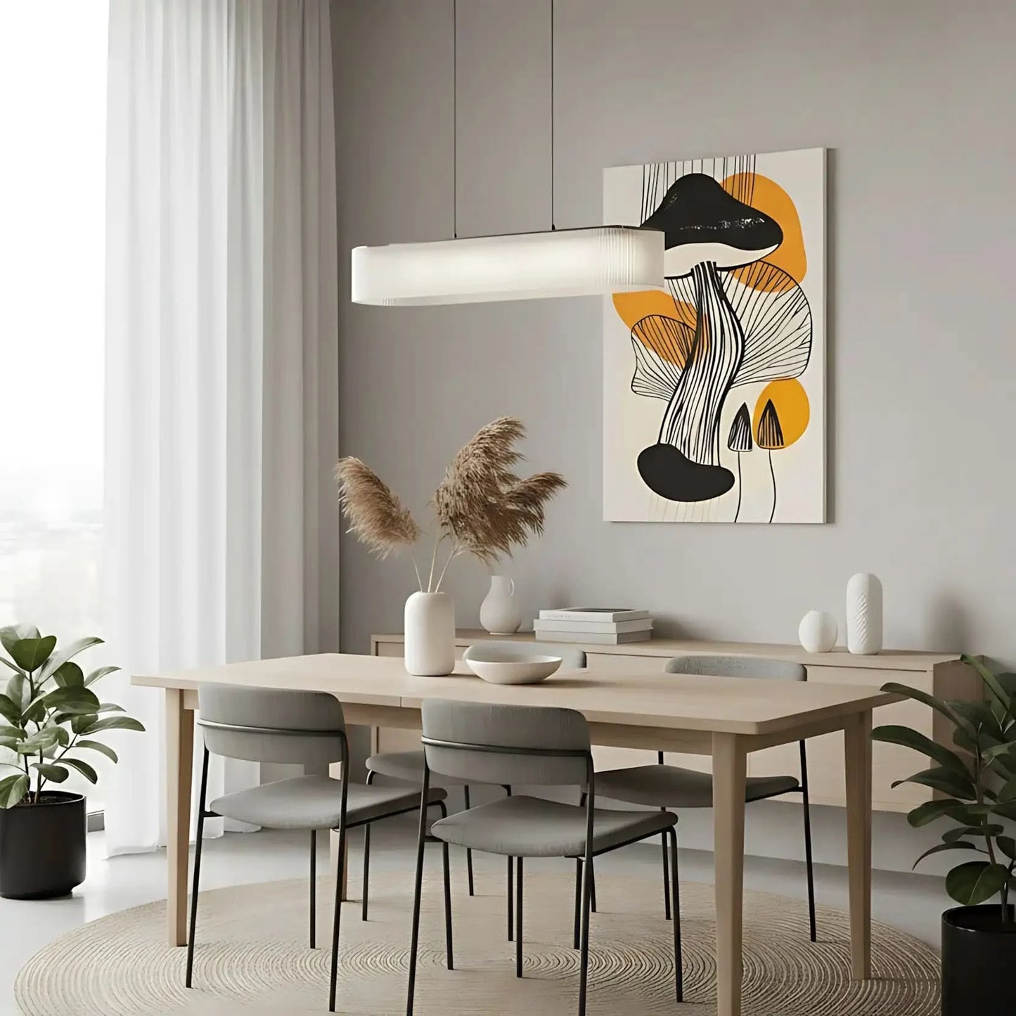 Peinture abstraite de champignons avec des lignes noires et orange, créant une ambiance moderne, idéale pour un salon contemporain.