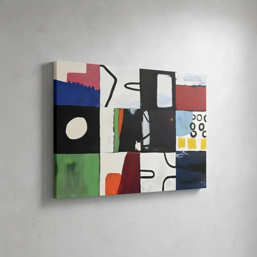 Tableau abstrait en mosaïque colorée avec formes géométriques. Dynamique et moderne, idéal pour un salon contemporain.