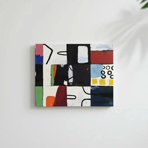Tableau abstrait en mosaïque colorée avec formes géométriques. Dynamique et moderne, idéal pour un salon contemporain.