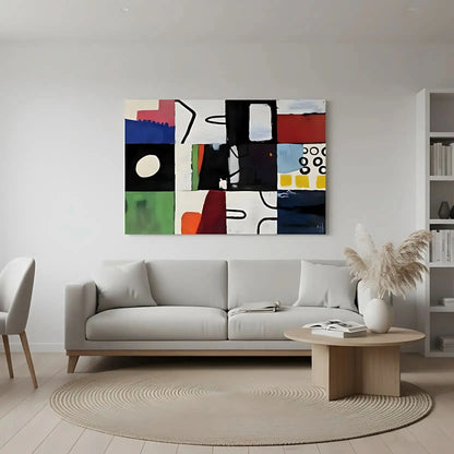 Tableau abstrait en mosaïque colorée avec formes géométriques. Dynamique et moderne, idéal pour un salon contemporain.