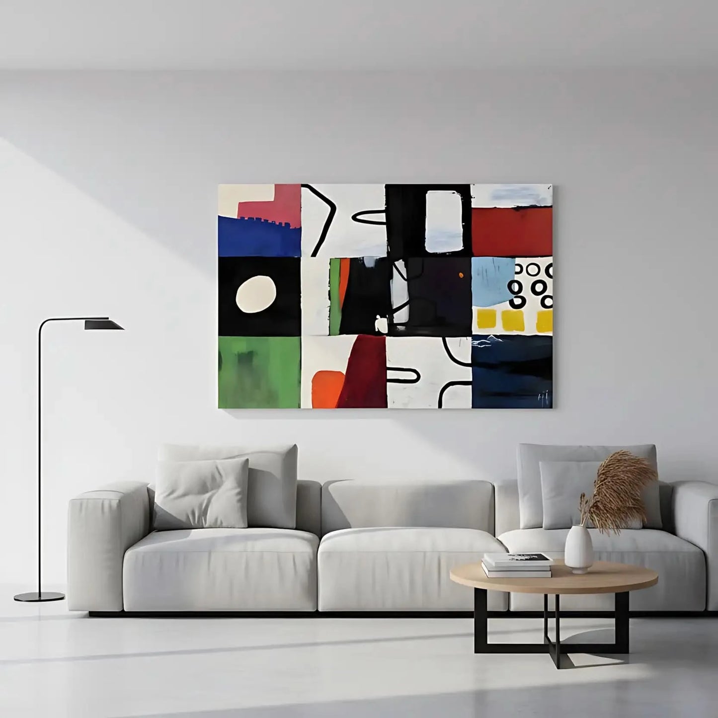 Tableau abstrait en mosaïque colorée avec formes géométriques. Dynamique et moderne, idéal pour un salon contemporain.