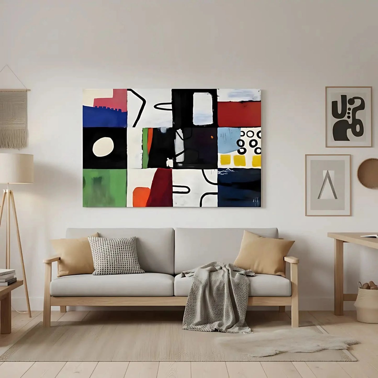 Tableau abstrait en mosaïque colorée avec formes géométriques. Dynamique et moderne, idéal pour un salon contemporain.