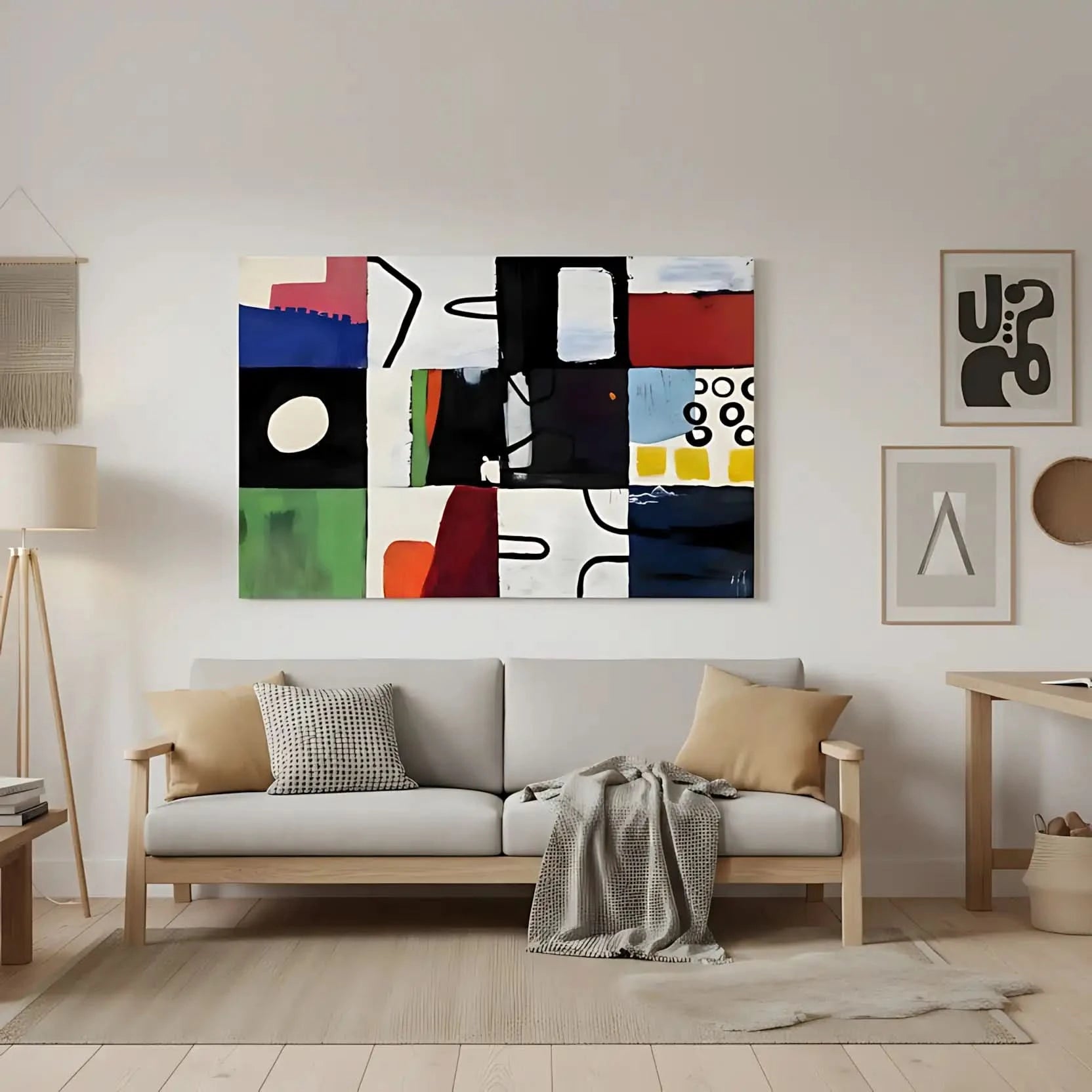 Tableau abstrait en mosaïque colorée avec formes géométriques. Dynamique et moderne, idéal pour un salon contemporain.