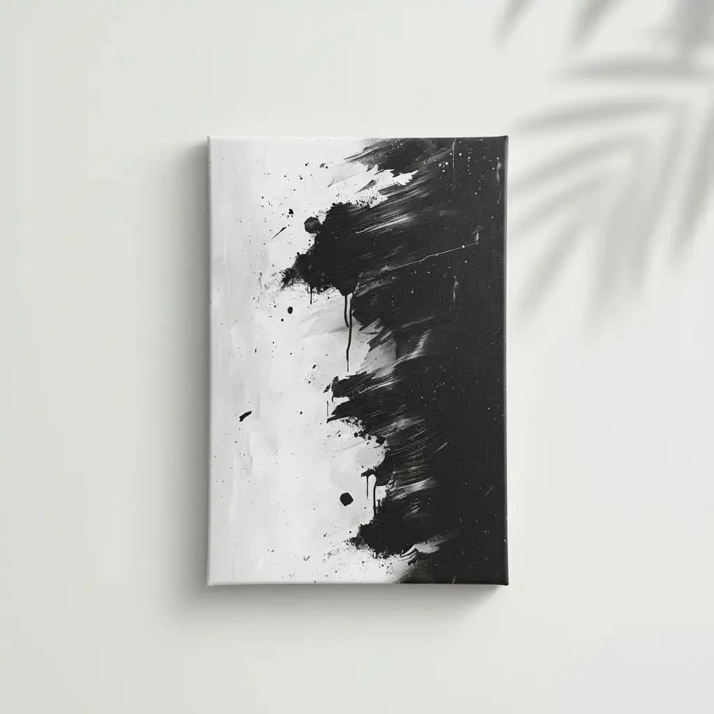 Peinture abstraite en noir et blanc avec des coups de pinceau dynamiques, idéale pour un salon moderne.