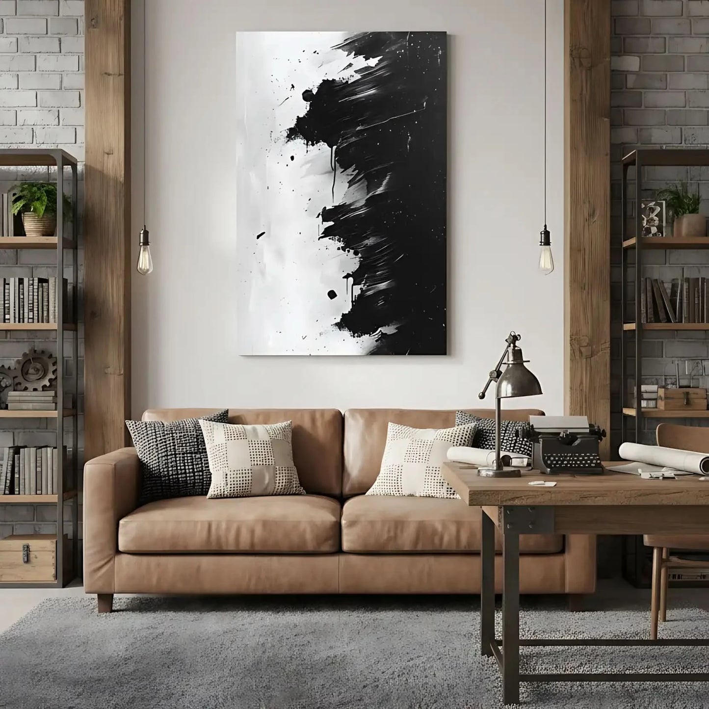 Peinture abstraite en noir et blanc avec des coups de pinceau dynamiques, idéale pour un salon moderne.