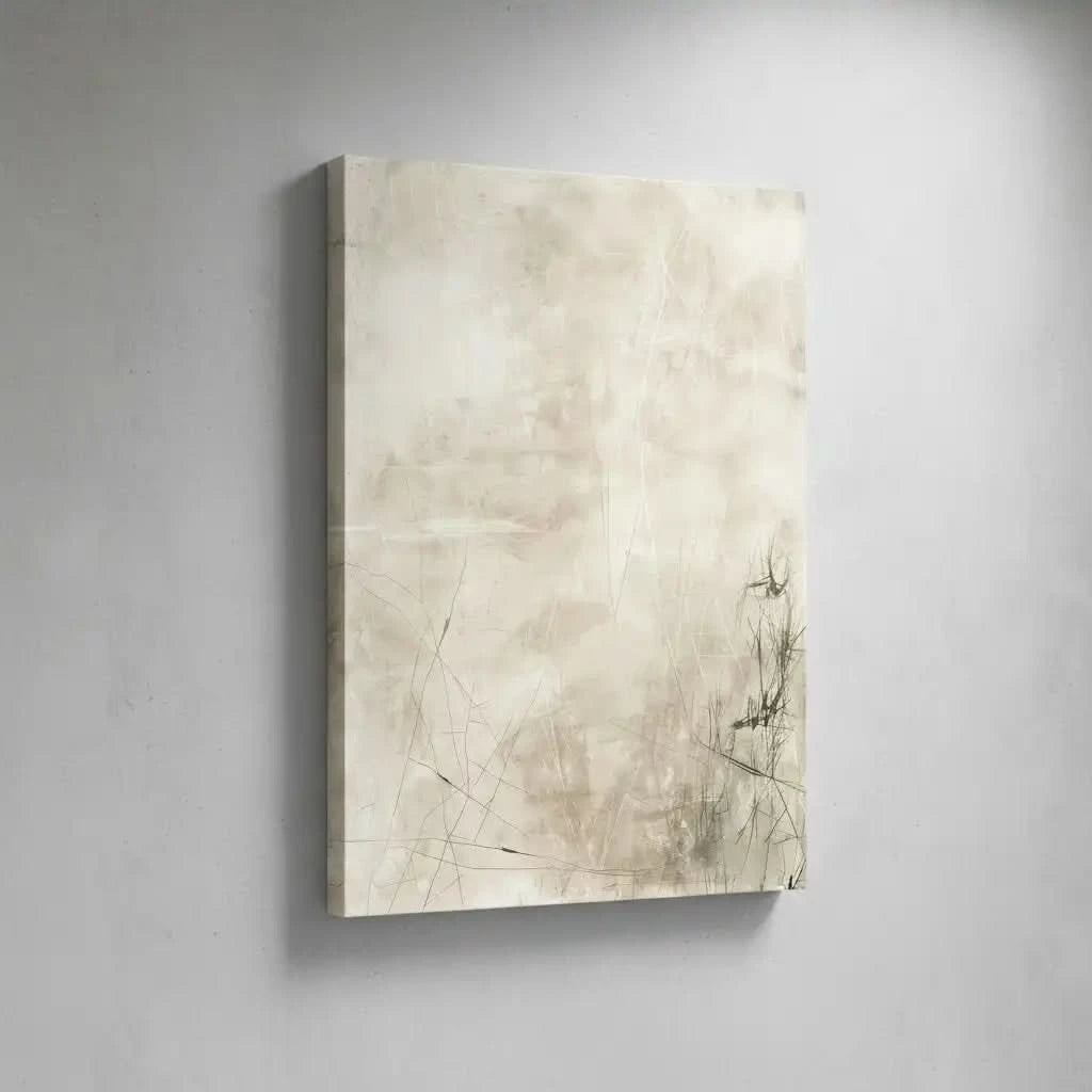 Peinture abstraite aux tons neutres avec des lignes subtiles et textures douces, créant une ambiance calme, idéale pour un salon moderne.