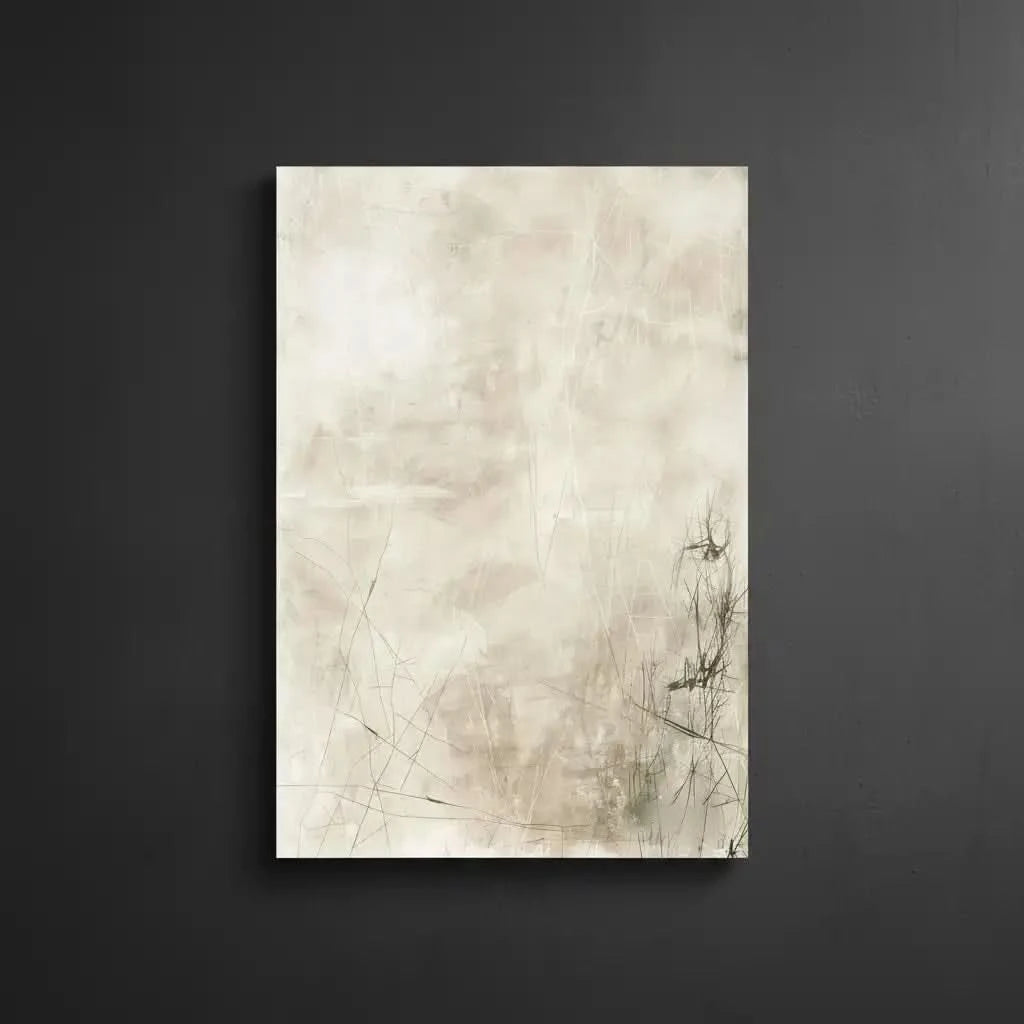 Peinture abstraite aux tons neutres avec des lignes subtiles et textures douces, créant une ambiance calme, idéale pour un salon moderne.