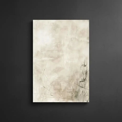 Peinture abstraite aux tons neutres avec des lignes subtiles et textures douces, créant une ambiance calme, idéale pour un salon moderne.