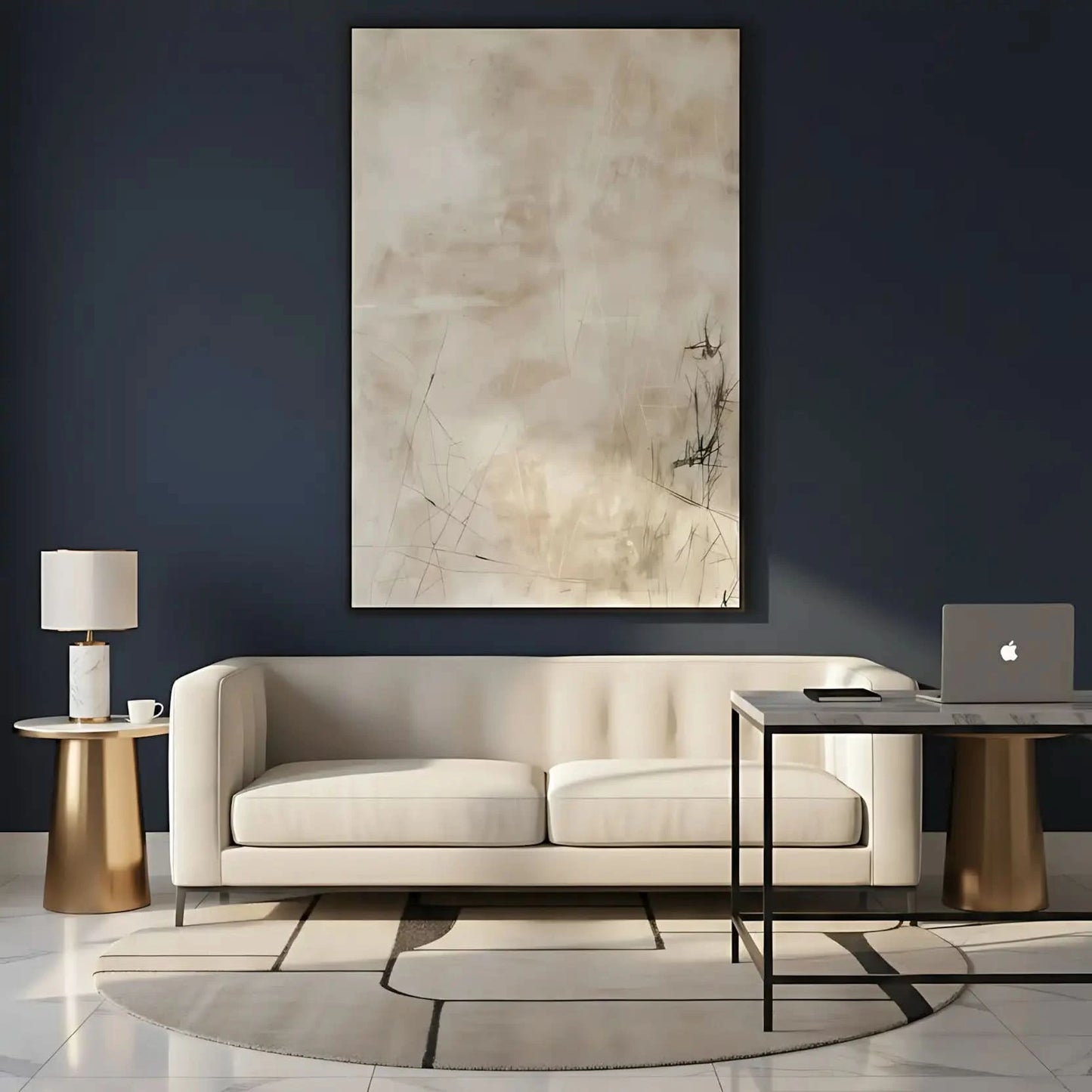 Peinture abstraite aux tons neutres avec des lignes subtiles et textures douces, créant une ambiance calme, idéale pour un salon moderne.