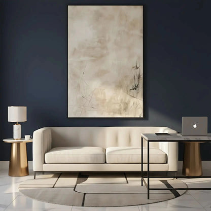 Peinture abstraite aux tons neutres avec des lignes subtiles et textures douces, créant une ambiance calme, idéale pour un salon moderne.