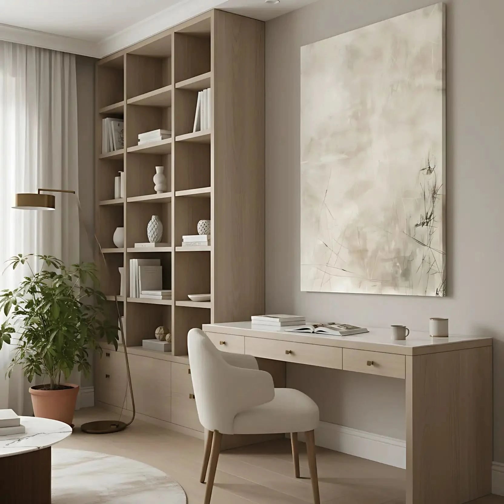 Peinture abstraite aux tons neutres avec des lignes subtiles et textures douces, créant une ambiance calme, idéale pour un salon moderne.