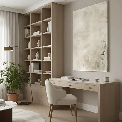 Peinture abstraite aux tons neutres avec des lignes subtiles et textures douces, créant une ambiance calme, idéale pour un salon moderne.