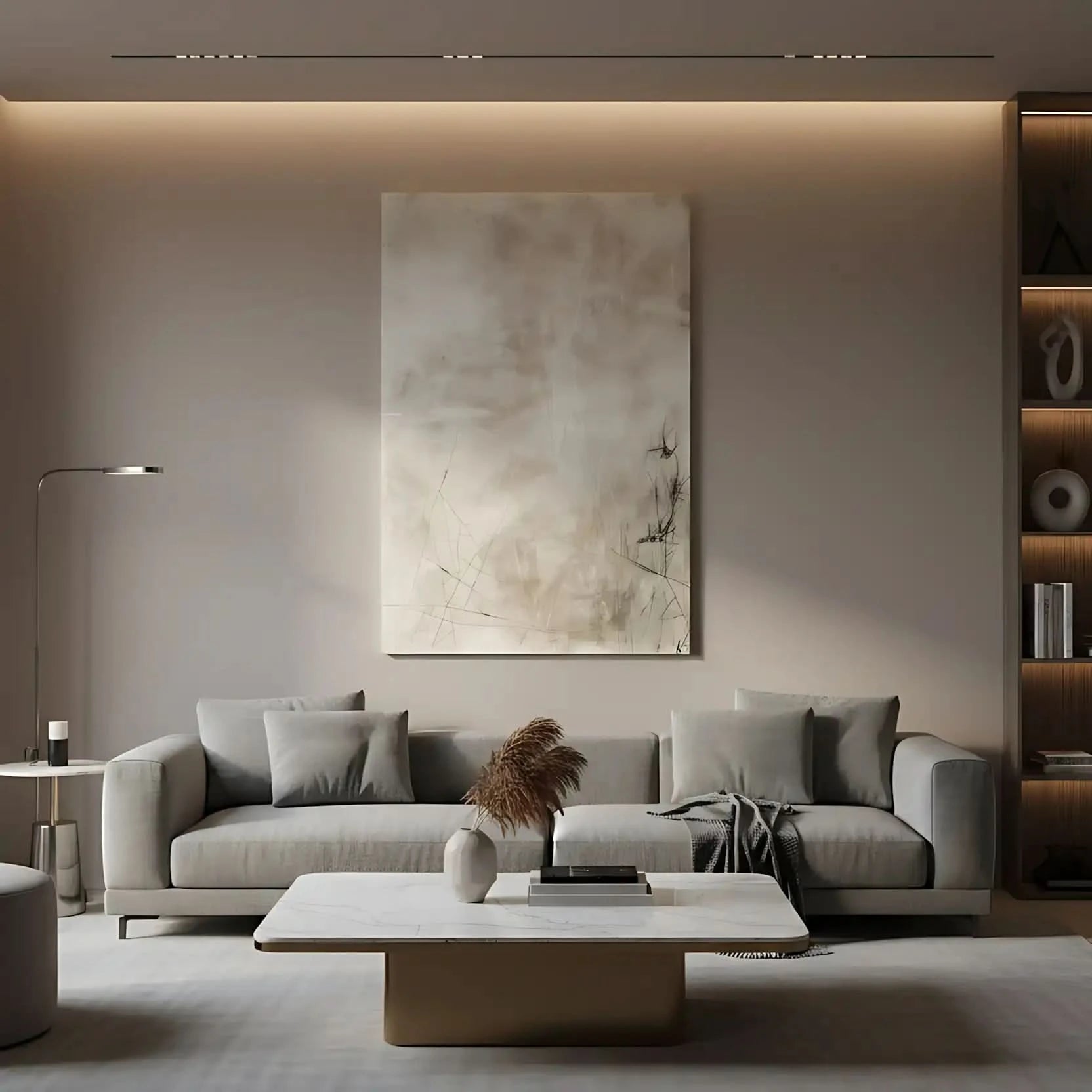 Peinture abstraite aux tons neutres avec des lignes subtiles et textures douces, créant une ambiance calme, idéale pour un salon moderne.