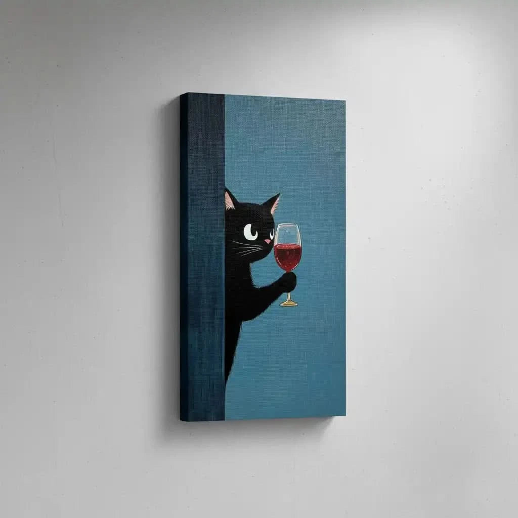 Un chat noir observant mystérieusement avec un verre de vin, créant une atmosphère intrigante, parfait pour une chambre calme.