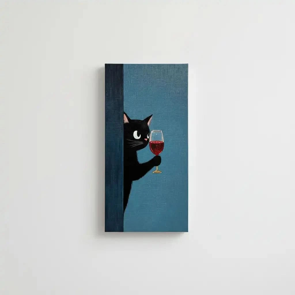 Un chat noir observant mystérieusement avec un verre de vin, créant une atmosphère intrigante, parfait pour une chambre calme.