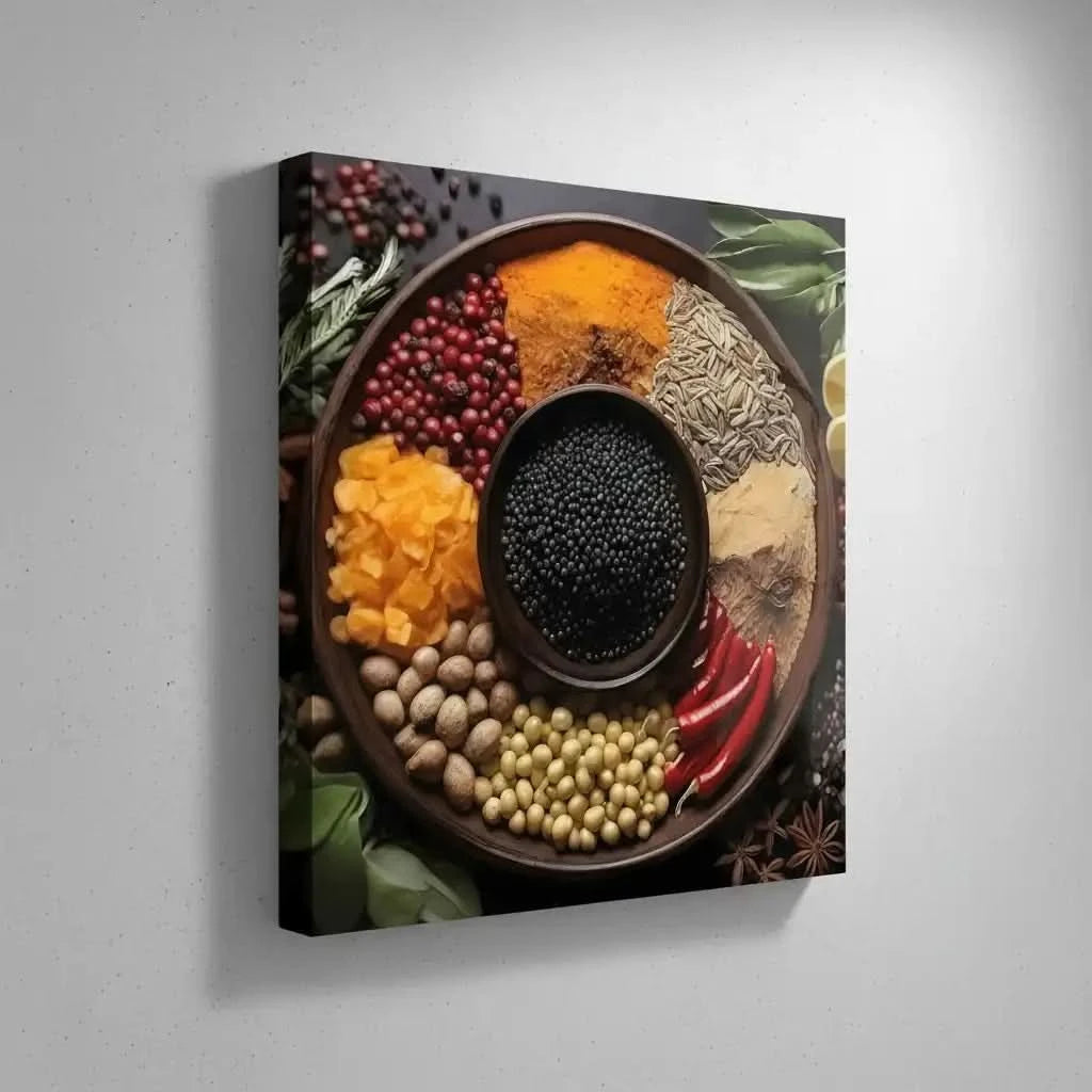 Assortiment d'épices colorées en cercle, rouges profonds, jaunes éclatants, noirs intenses, ambiance chaleureuse et exotique.