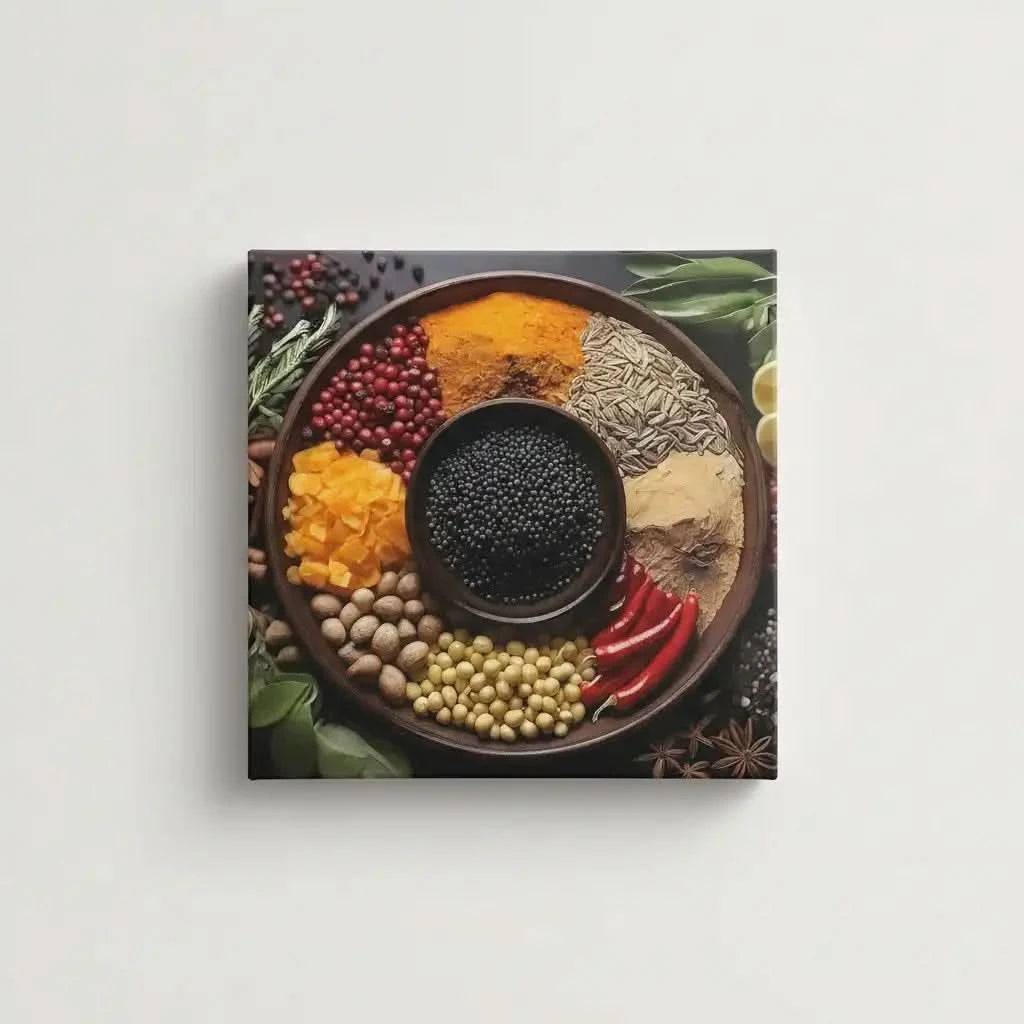 Assortiment d'épices colorées en cercle, rouges profonds, jaunes éclatants, noirs intenses, ambiance chaleureuse et exotique.