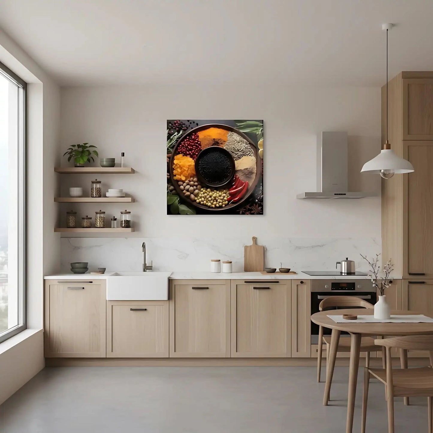 Assortiment d'épices colorées en cercle, rouges profonds, jaunes éclatants, noirs intenses, ambiance chaleureuse et exotique.