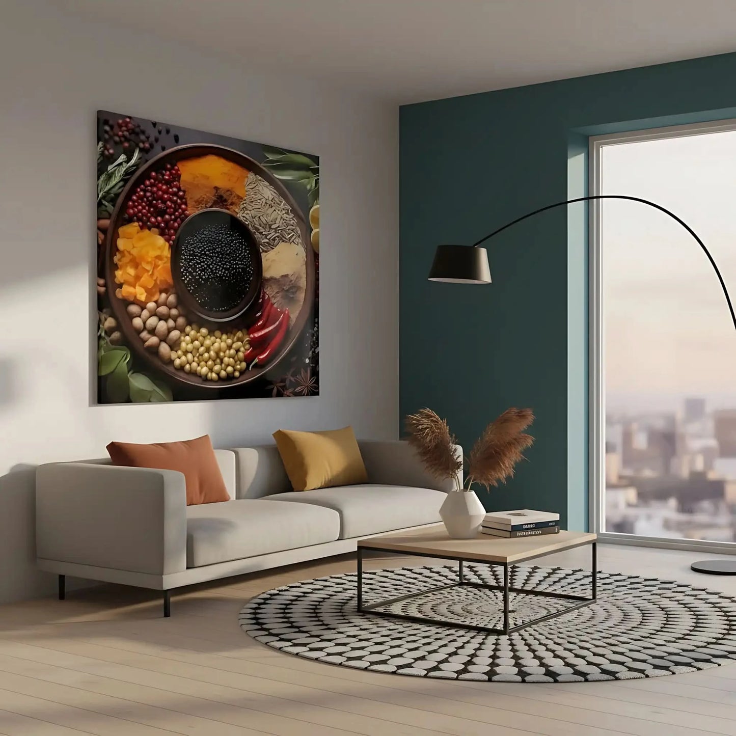 Assortiment d'épices colorées en cercle, rouges profonds, jaunes éclatants, noirs intenses, ambiance chaleureuse et exotique.