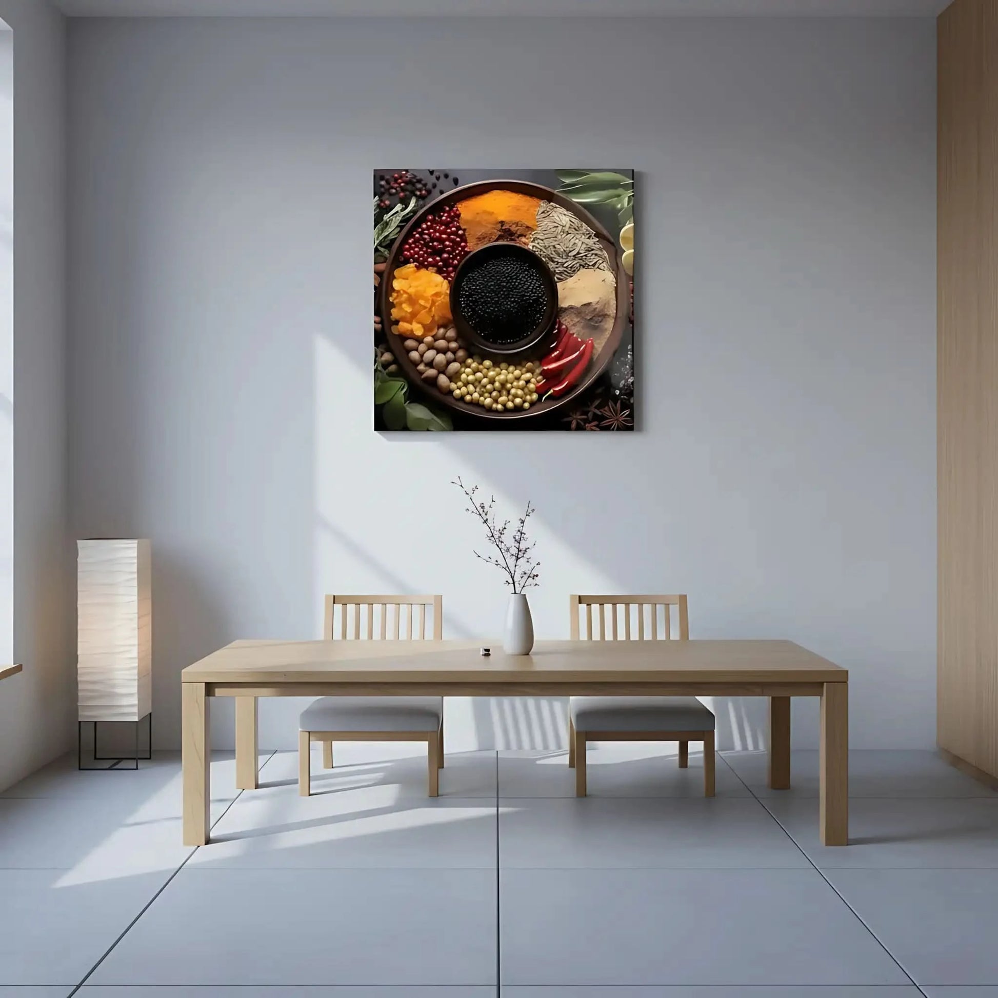 Assortiment d'épices colorées en cercle, rouges profonds, jaunes éclatants, noirs intenses, ambiance chaleureuse et exotique.