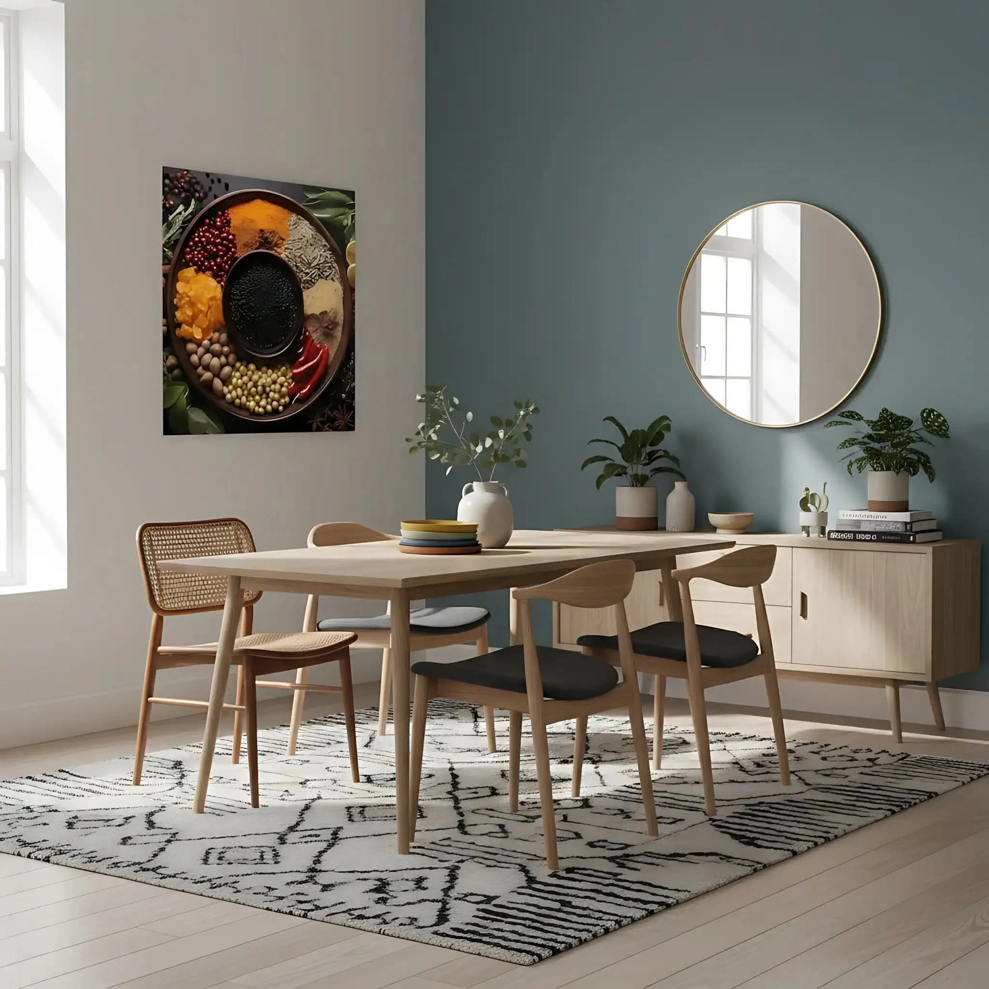 Assortiment d'épices colorées en cercle, rouges profonds, jaunes éclatants, noirs intenses, ambiance chaleureuse et exotique.