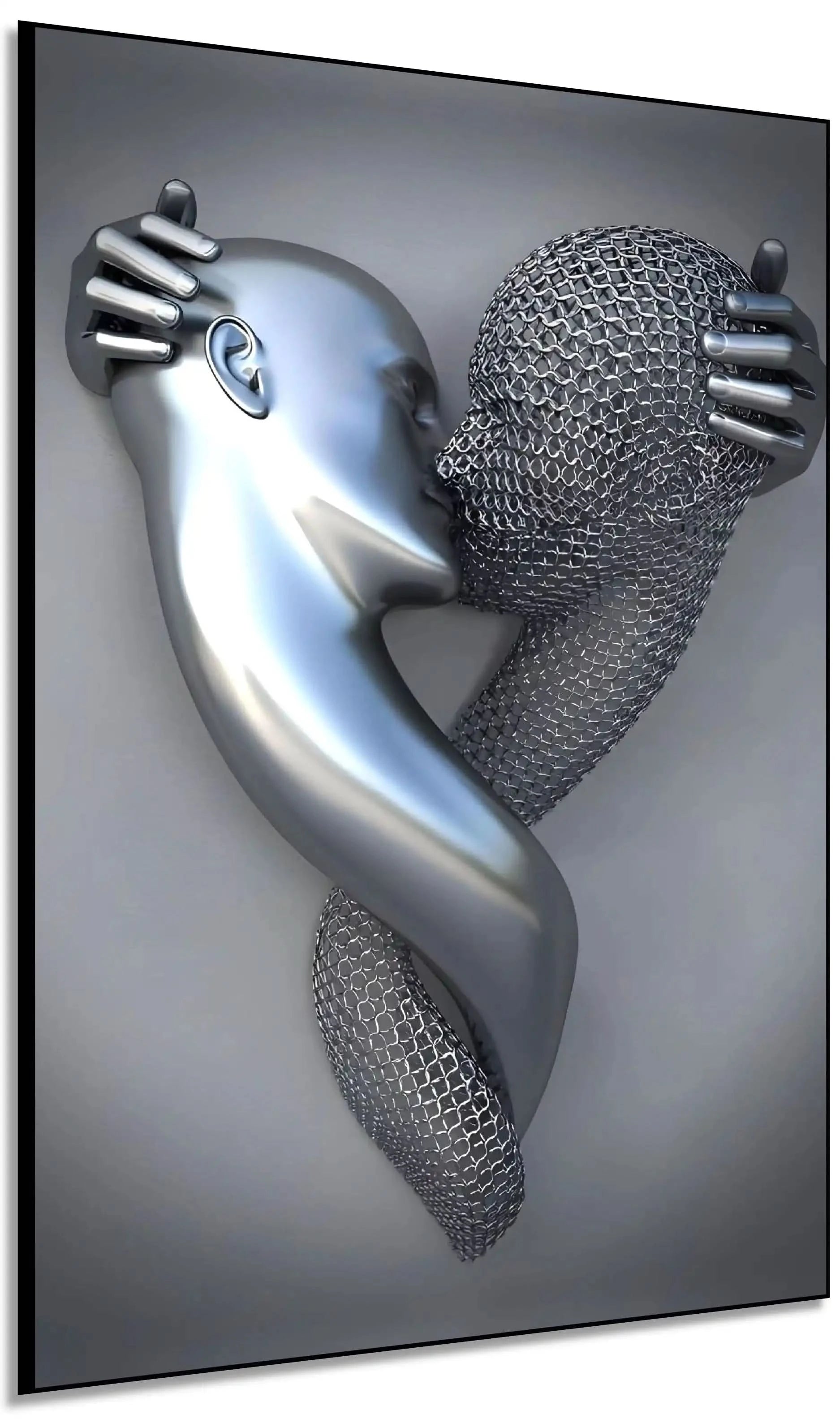 Deux visages s'embrassent, l'un argenté, l'autre en maille, dans une toile abstraite évoquant passion et sérénité.