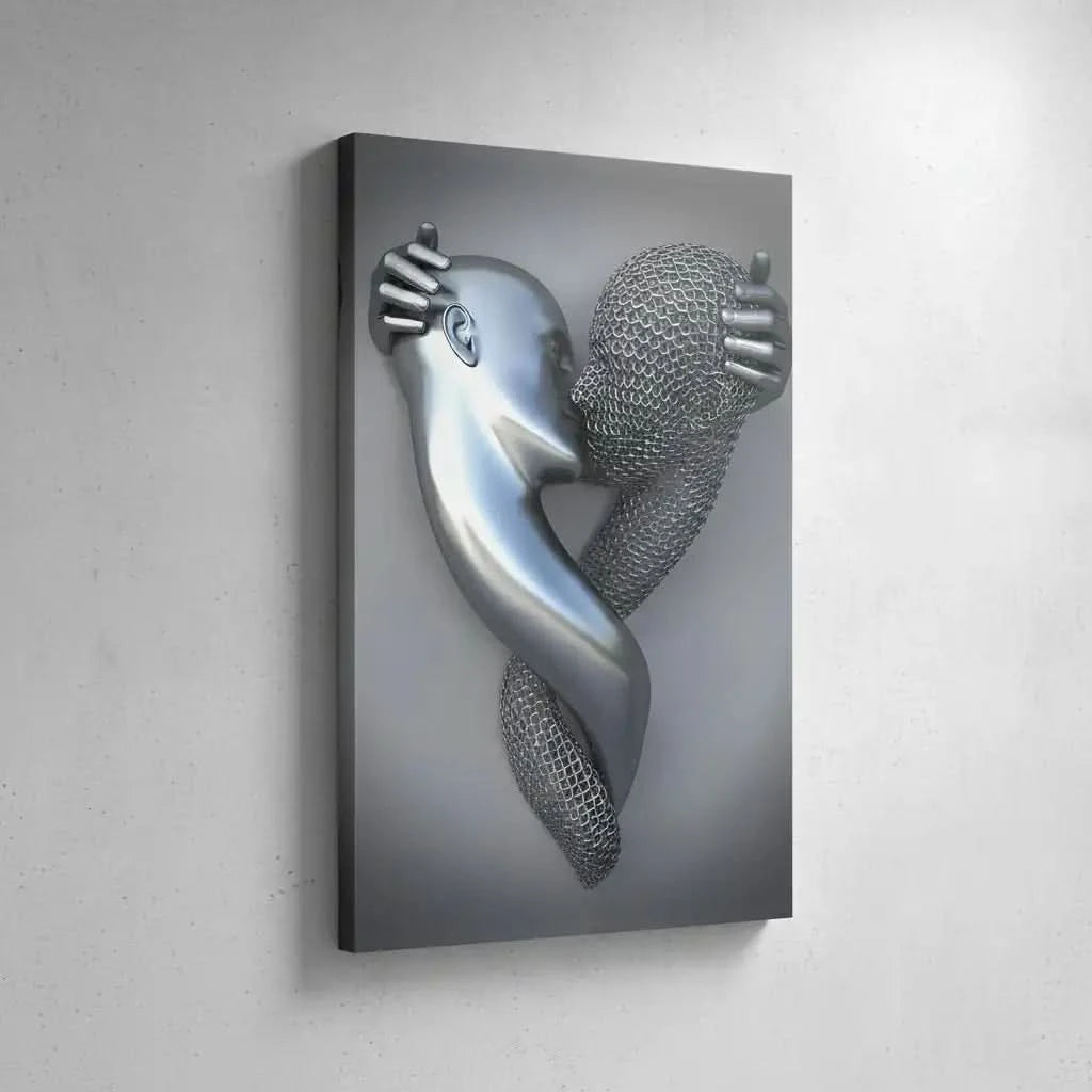 Deux visages s'embrassent, l'un argenté, l'autre en maille, dans une toile abstraite évoquant passion et sérénité.