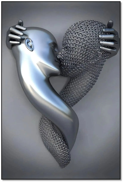 Deux visages s'embrassent, l'un argenté, l'autre en maille, dans une toile abstraite évoquant passion et sérénité.