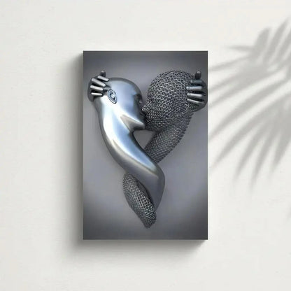 Deux visages s'embrassent, l'un argenté, l'autre en maille, dans une toile abstraite évoquant passion et sérénité.