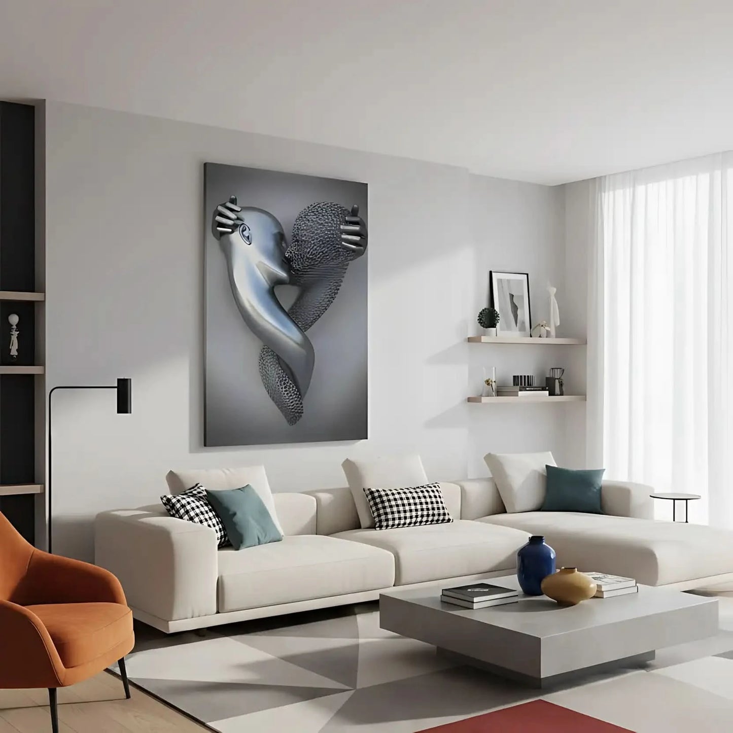 Deux visages s'embrassent, l'un argenté, l'autre en maille, dans une toile abstraite évoquant passion et sérénité.