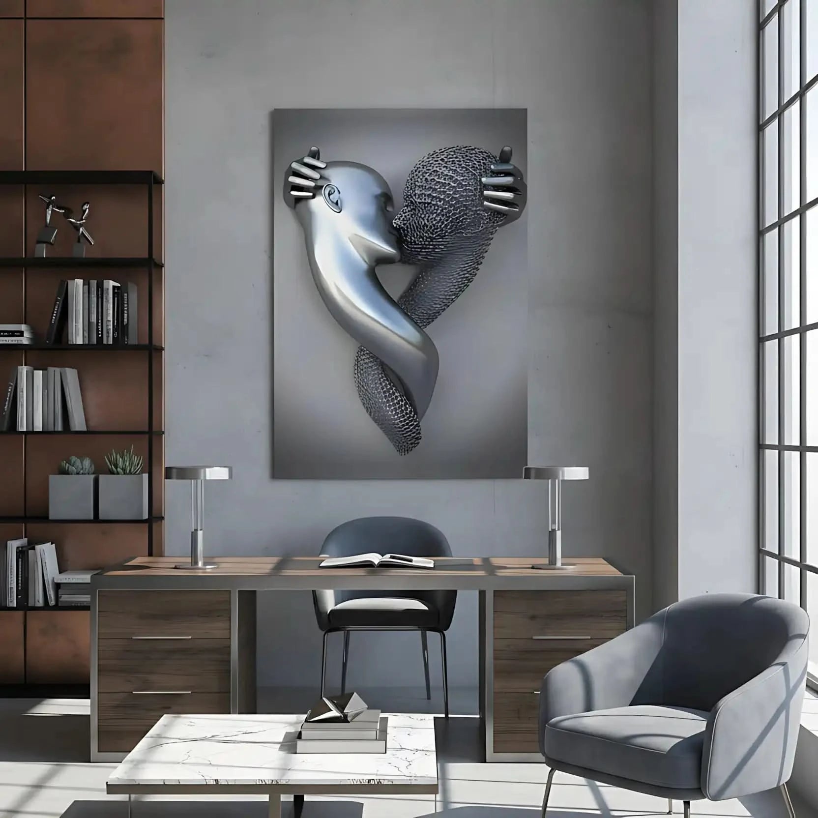 Deux visages s'embrassent, l'un argenté, l'autre en maille, dans une toile abstraite évoquant passion et sérénité.