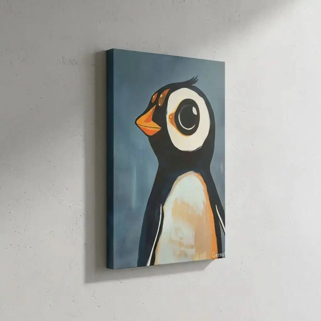 Illustration d'un pingouin avec des tons noirs, blancs et oranges, idéale pour une chambre enfantine.