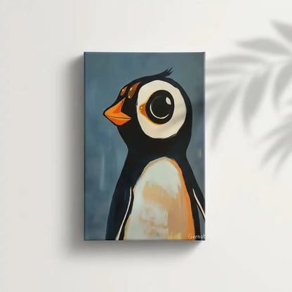 Illustration d'un pingouin avec des tons noirs, blancs et oranges, idéale pour une chambre enfantine.