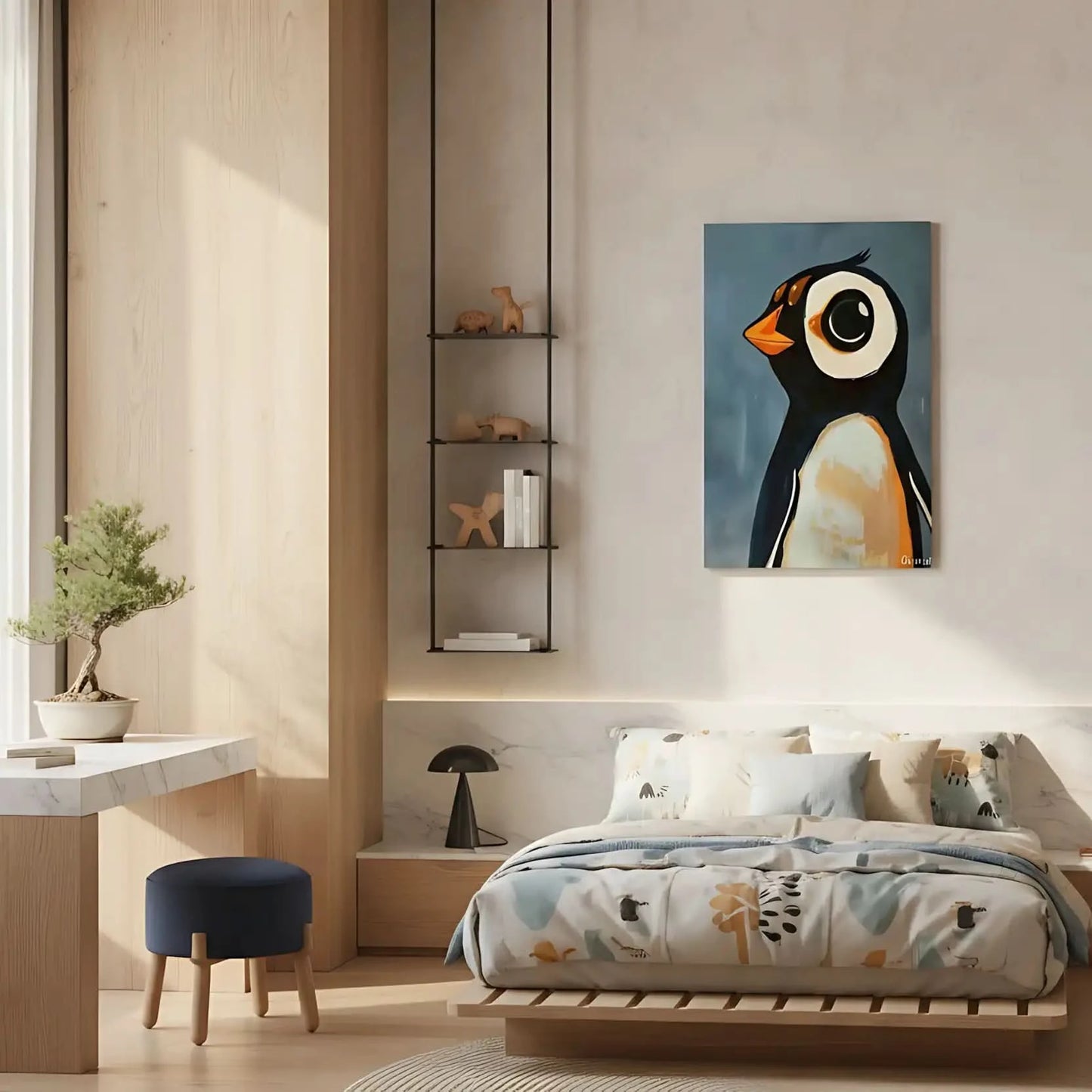 Illustration d'un pingouin avec des tons noirs, blancs et oranges, idéale pour une chambre enfantine.