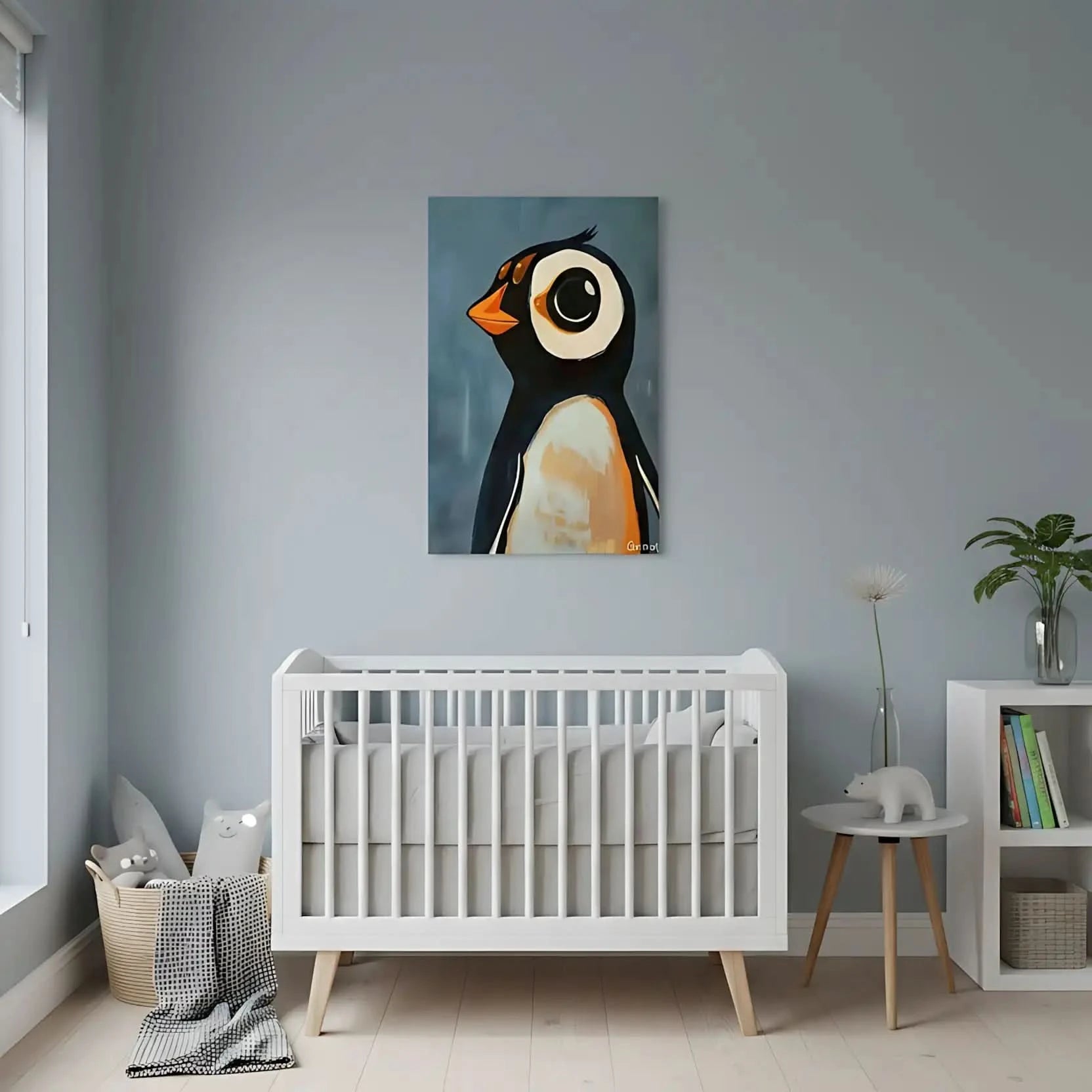 Illustration d'un pingouin avec des tons noirs, blancs et oranges, idéale pour une chambre enfantine.