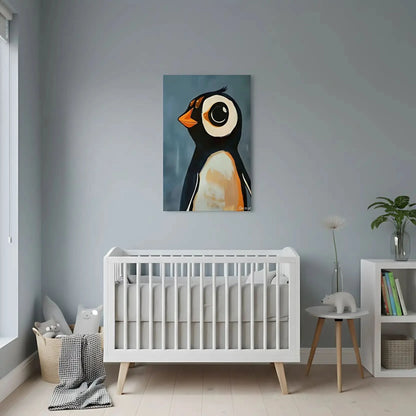 Illustration d'un pingouin avec des tons noirs, blancs et oranges, idéale pour une chambre enfantine.