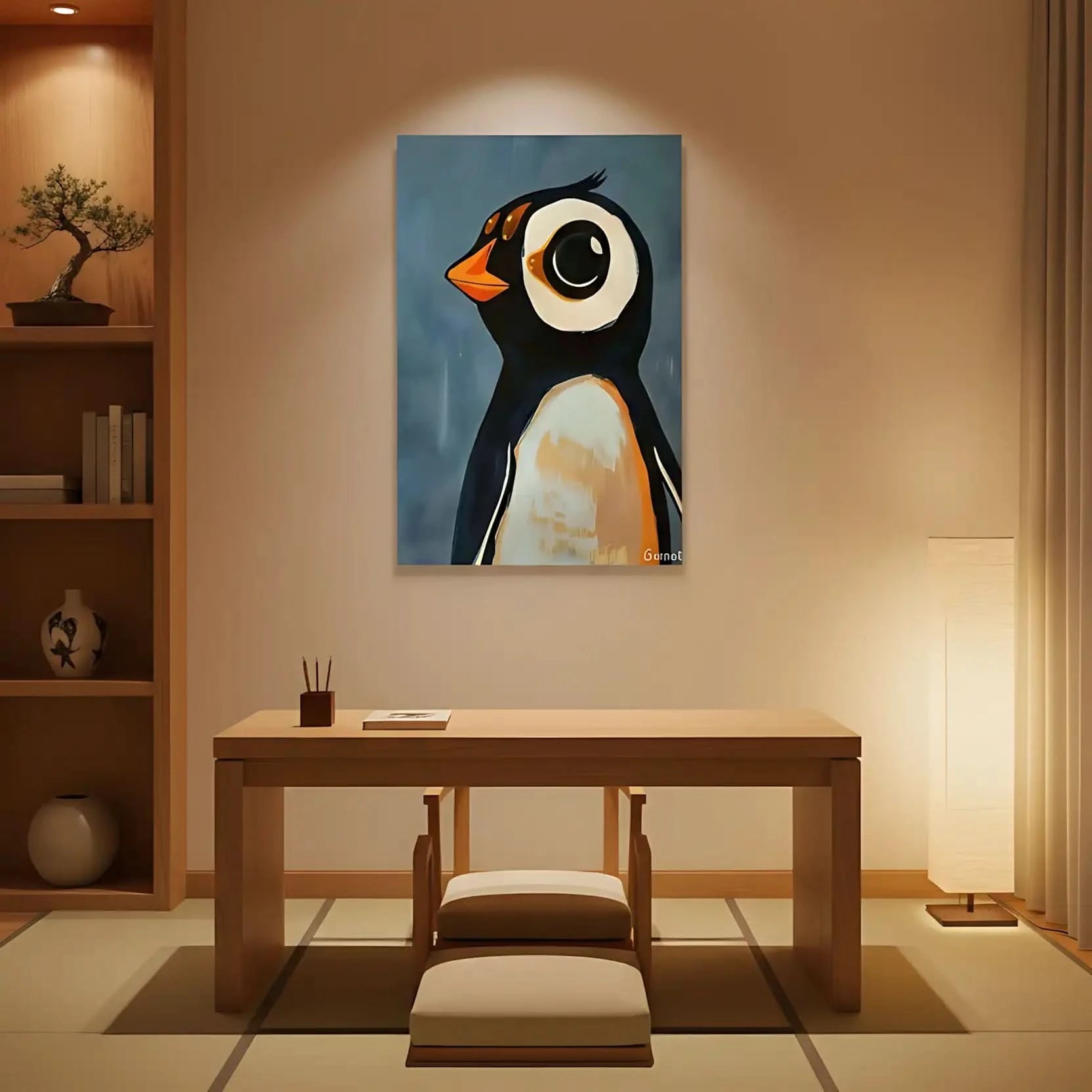 Illustration d'un pingouin avec des tons noirs, blancs et oranges, idéale pour une chambre enfantine.