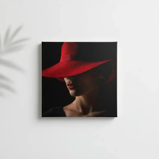Portrait d'une femme avec un chapeau rouge, accentuant ses lèvres rouges et créant une ambiance mystérieuse et élégante, idéale pour un espace moderne.
