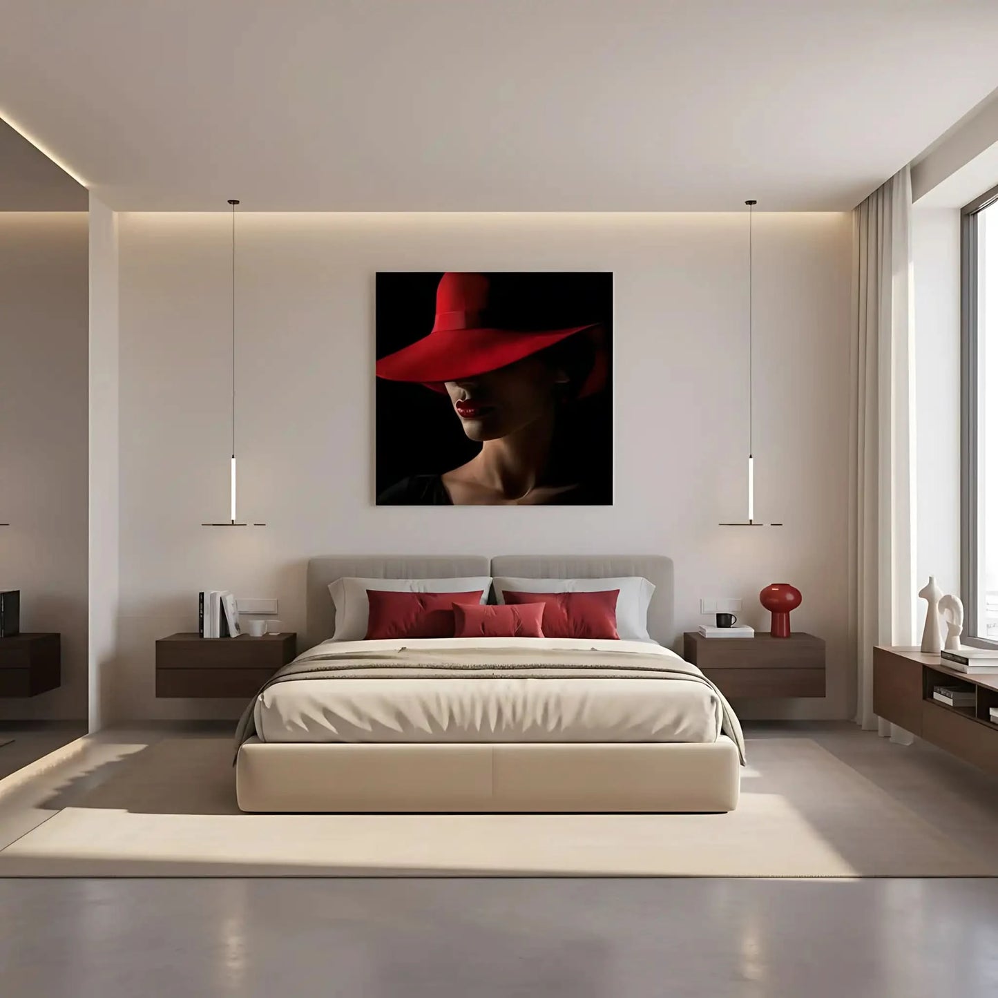Portrait d'une femme avec un chapeau rouge, accentuant ses lèvres rouges et créant une ambiance mystérieuse et élégante, idéale pour un espace moderne.