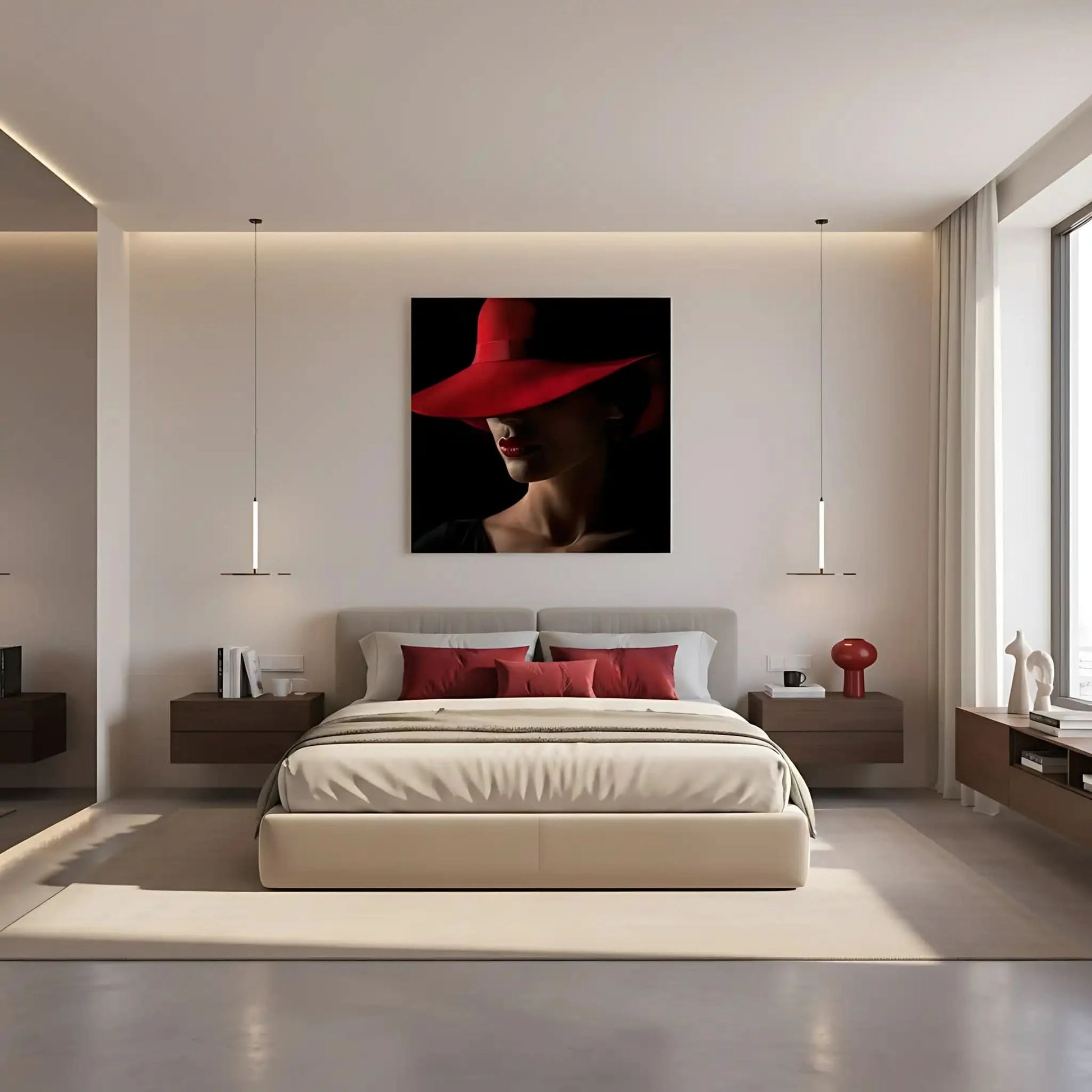 Portrait d'une femme avec un chapeau rouge, accentuant ses lèvres rouges et créant une ambiance mystérieuse et élégante, idéale pour un espace moderne.